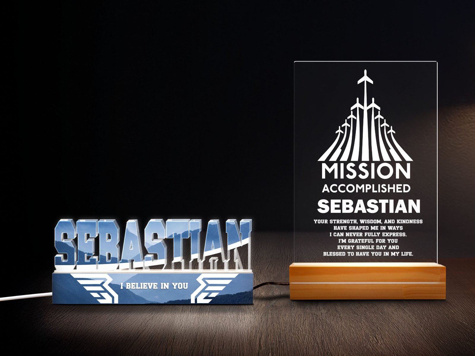 Mission Accomplished Flight Tribute – Personalized Air Force Night Light Set